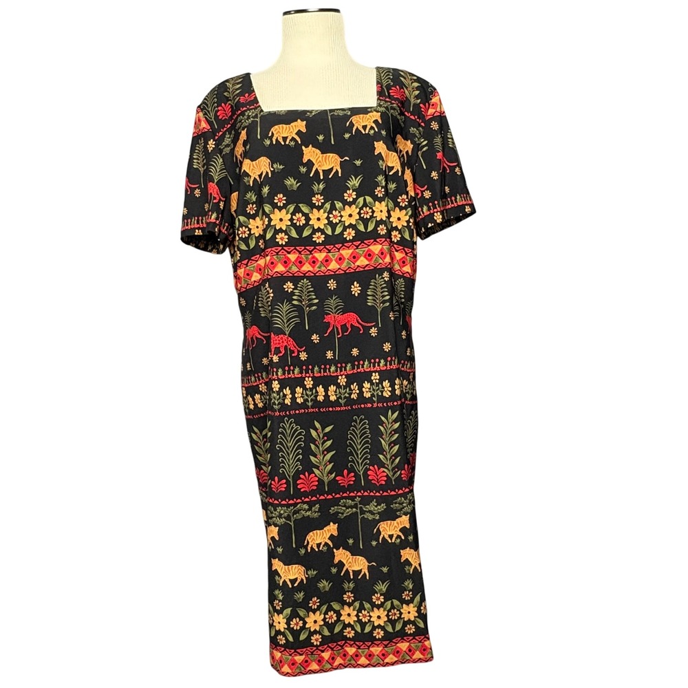 Vtg. Folk Art‎ Safari Animal Print Dress Sz. 16 Square Neck Boho Midi Wanderlust